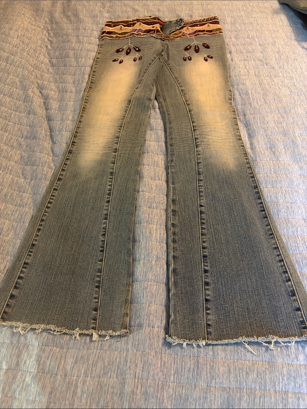 Dollhouse Light Blue Faded Flare Jeans with Embroidered Multicolor Waist